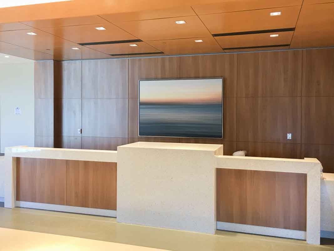 very large framed abstract canvas print behind reception desk