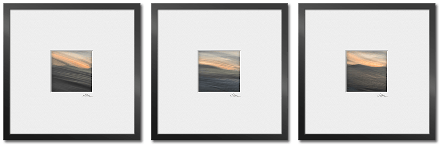 three square framed and matted abstract images
