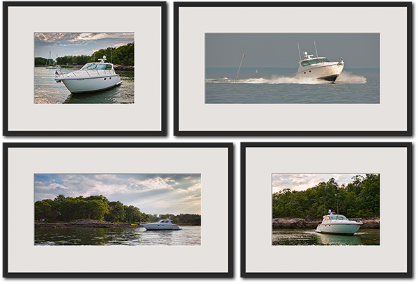 four framed prints of motor boat