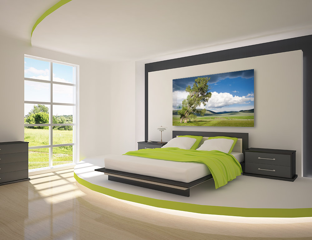 large acrylic face-mounted print over bed in bedroom